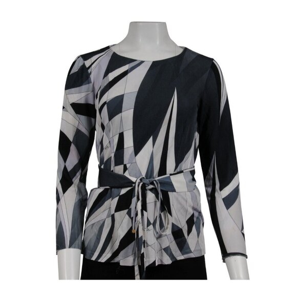 Emilio Pucci Print Long Sleeve Top IT 40 Medium Gray White Viscose Belted Blouse - Picture 1 of 16